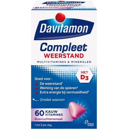 Davitamon Compleet Weerstand Kauwvitamines met vitamine D - Multivitamine - bosvruchten - 60 tabletten