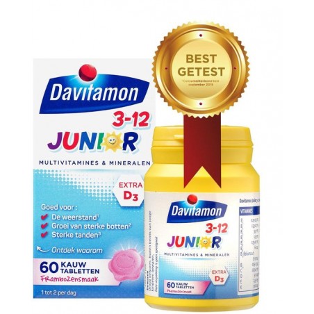 Davitamon Junior 3+ kauwvitamines - kinder multivitamine- framboos - 60 tabletten