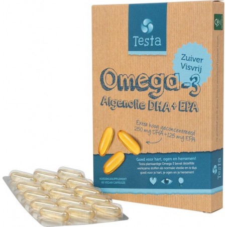 Testa Omega 3 Algenolie. Hoogste concentratie Vegan Omega-3 DHA + EPA. 60 Capsules - Plantaardig Voedingssupplement