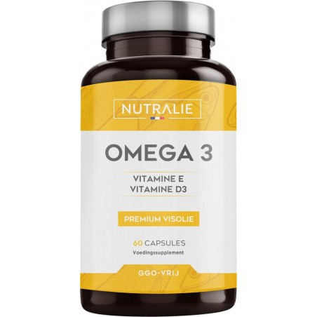 NUTRALIE Omega 3 Premium Visolie | 900 mg EPA en 350 mg DHA per dosis | Hoge concentratie van Vitamine D3 en E | 60 Capsules