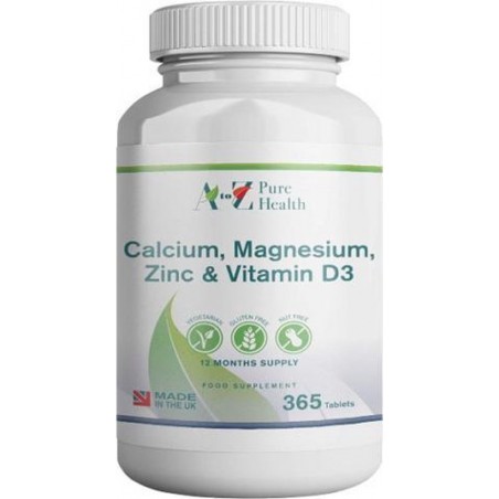 Calcium, Magnesium, Zink & Vitamine D3, 365 Tabletten | Jaardosering | AtoZ Pure Health | Biotheek.com