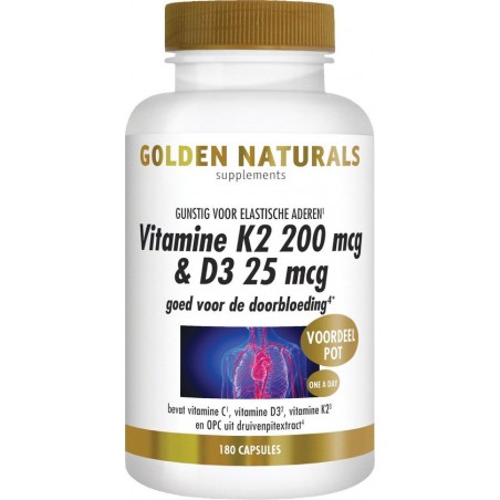 Golden Naturals Vitamine K2 200 mcg & D3 25 mcg (180 vegetarische capsules)