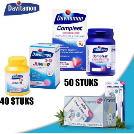 Davitamon Compleet Kauw Vitamines 50 Stuks en Kids 3+ Kauw Vitamines 40 Stuks + Oramint Oral Care Kit