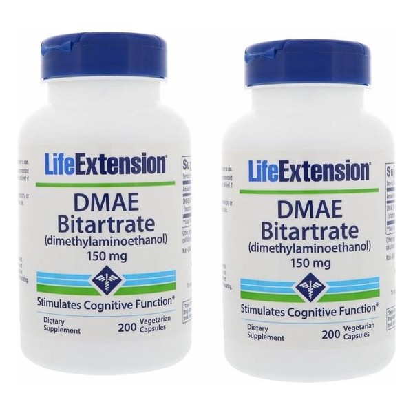 DMAE Bitartrate (dimethylaminoethanol), 150 Mg 200 Vegetarian Capsules, 2-pack