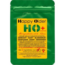 Happy-Older met 12 mg. ASTAXANTHINE uit de bloedregenalg + Q10 (ubiquinon) 100 mg. + nog 10 andere natuurlijke ingrediënten.