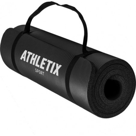 Athletix®‎ Premium NBR Fitnessmat - 183 x 61 x 1,5 cm - met Draagriem en Draagtas - Zwart