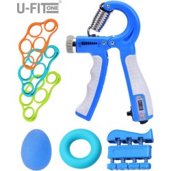 U-Fit One® 7 Delige Blauw Teller Verstelbaar Handtrainer Set - Stressbal - Handknijper - knijphalter- Onderarm Trainer Fitness
