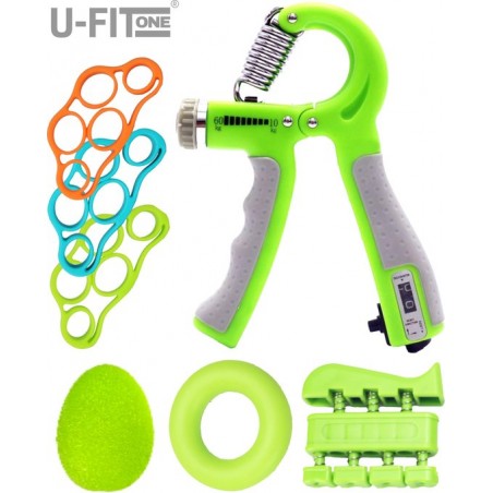 U-Fit One® 7 Delige Groen Teller Verstelbaar Handtrainer Set - Stressbal - Handknijper - knijphalter- Onderarm Trainer Fitness