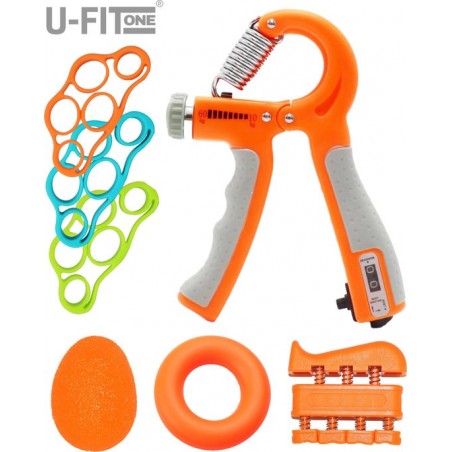 U-Fit One® 7 Delige Oranje Teller Verstelbaar Handknijper Set - Stressbal - Handtrainer - knijphalter- Onderarm Trainer Fitness