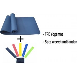 Fitnesspakket 2-in-1 : TPE Fitnessmat - 183 x 61 x 0.6 cm - Blauw + Weerstandsbanden Set - 5stuks