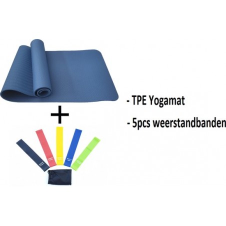 Fitnesspakket 2-in-1 : TPE Fitnessmat - 183 x 61 x 0.6 cm - Blauw + Weerstandsbanden Set - 5stuks
