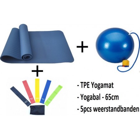 Fitnesspakket 3-in-1 : TPE Fitnessmat - 183 x 61 x 0.6 cm - Blauw + Weerstandsbanden Set - 5stuks + Fitnessbal - 65cm