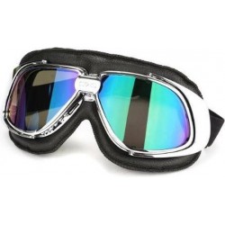 Retro, chrome zwart leren motorbril multi kleur glas