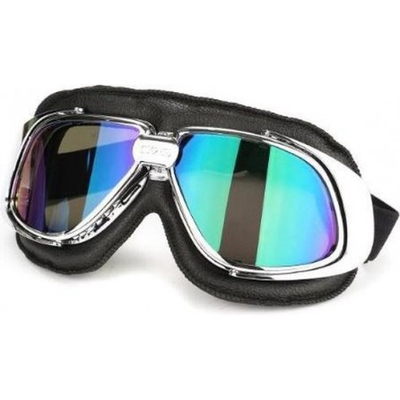 Retro, chrome zwart leren motorbril multi kleur glas