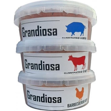 Grandiosa - 3x BBQ rubs - varken - kip - rund - 3x 200 gram - bbq kruiden - dry rub