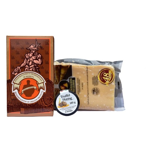 Italiaanse Gourmet Box: Parmigiano Reggiano DOP, Balsamico Azijn van Modena DOP, Truffel Honing